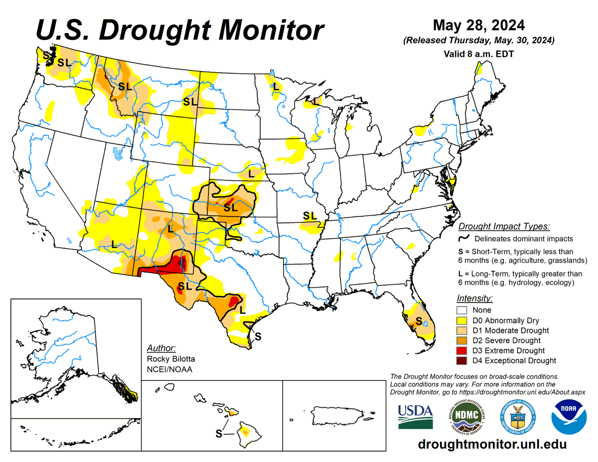 US Drought Monitor 5-30-24 For the 50 states and Puerto Rico, the US Drought Monitor shows 10.5% in moderate drought or worse, compared to 10.51% last week. #droughtmonitor #drought #drought2024 #climate #science #data #maps #UnitedStates #USA #US