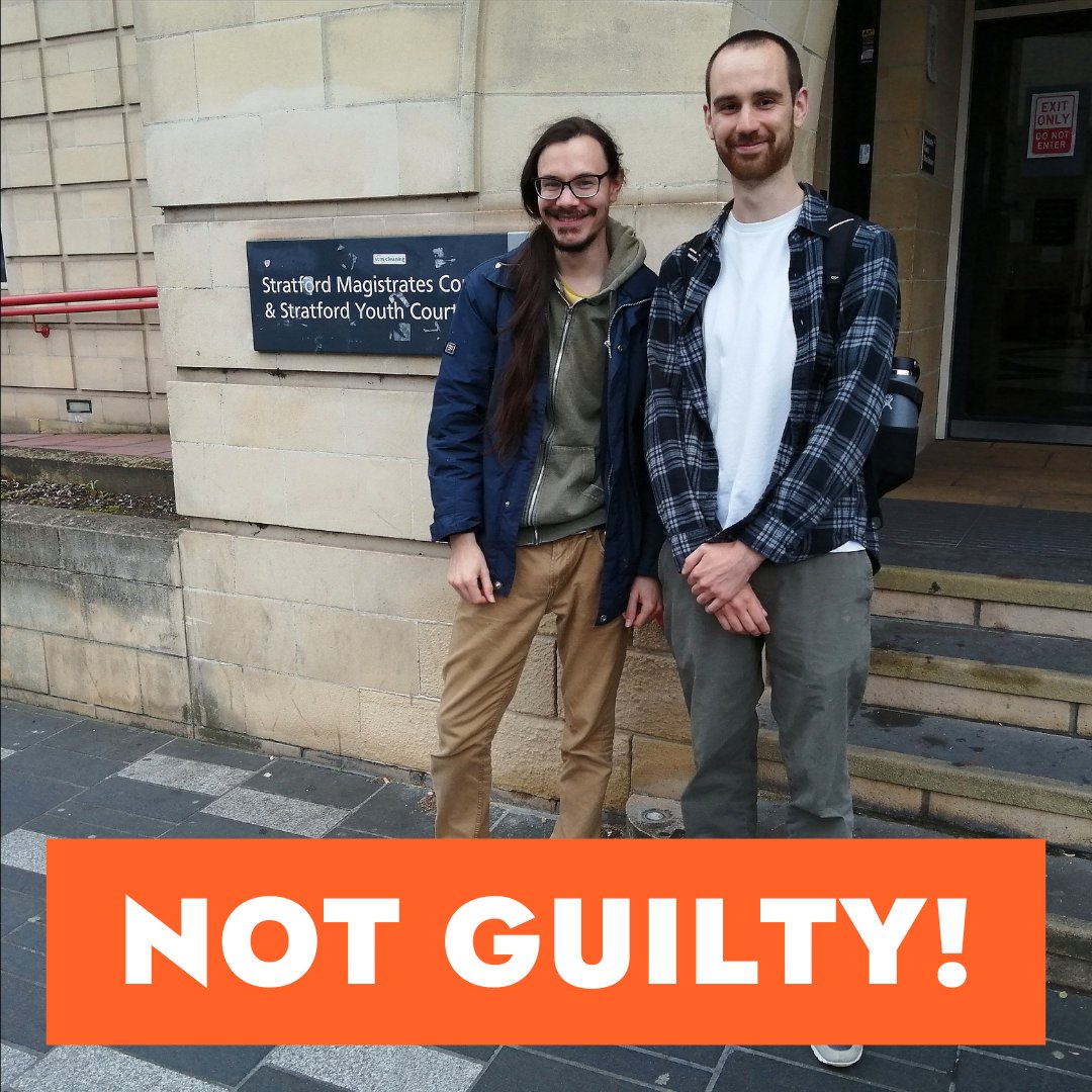 🔥 2 Just Stop Oil Supporters NOT GUILTY 🧡 Callum Goode and Tom Reeve were found Not Guilty at Stratford Magistrates Court, after being arrested for slow marching last November. ⚖️ District Judge Kumar ruled there was no evidence of significant disruption.