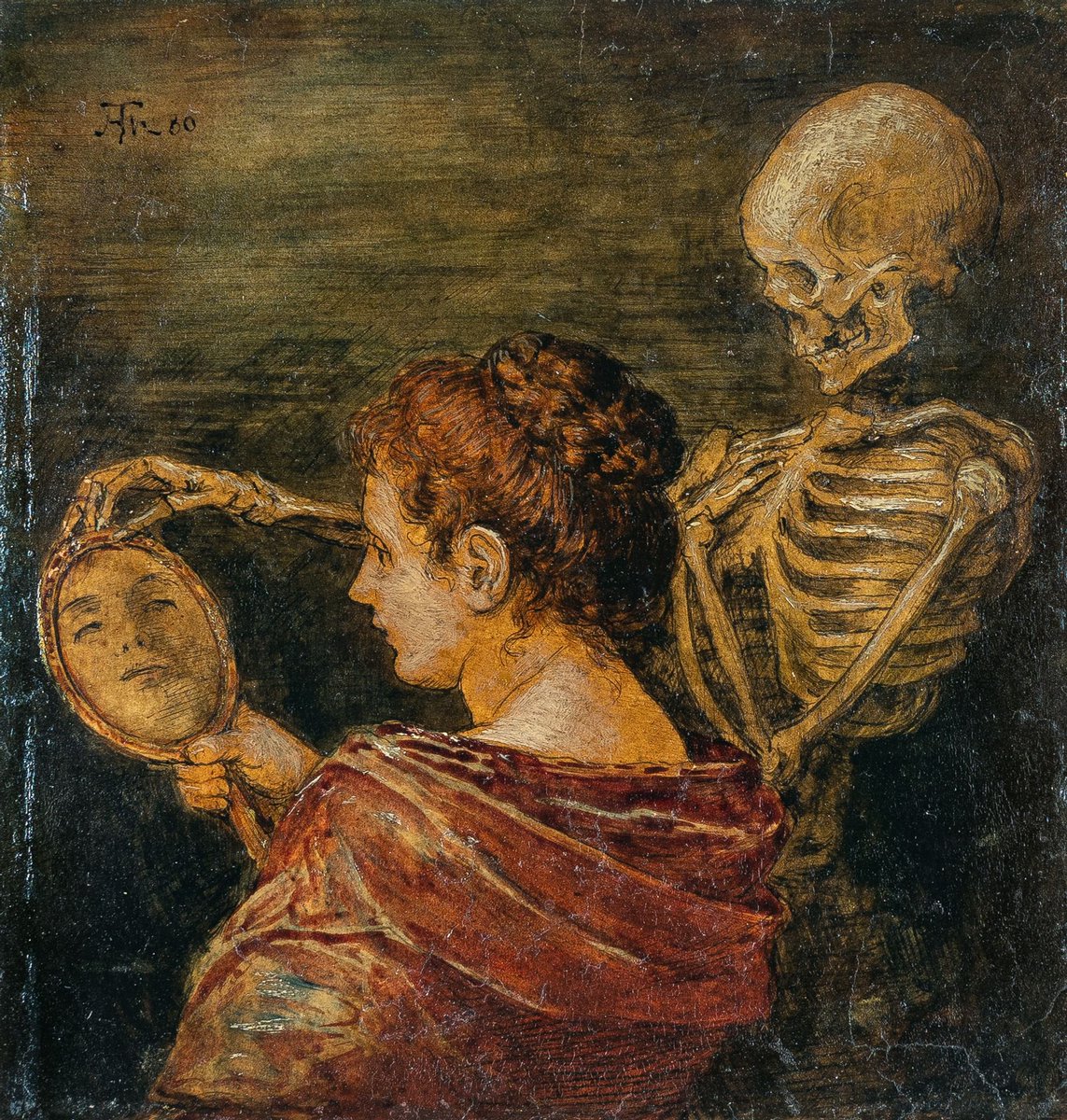 Woman with a Mirror and Death by Hans Thoma, 1880