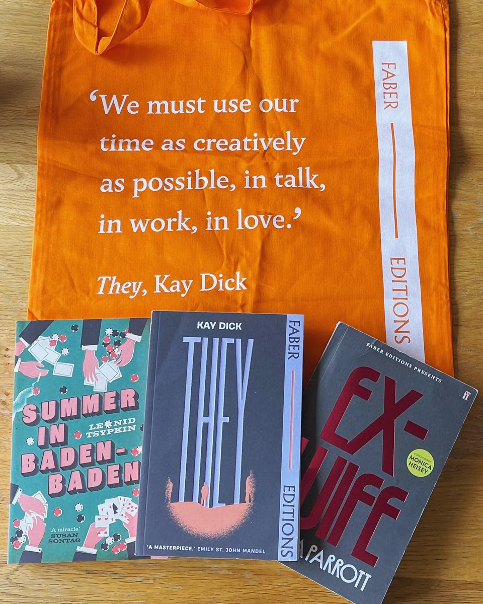Thank you so much to Rachel and @faberbooks for a fabulous tote and copies of: 📚#They by #KayDick 📚#TheExWIfe by #UrsulaParrott 📚#SummerInBadenBaden by #LeonidTsypkin I think @FaberBooks Editions are brilliant as they have introduced me to such wonderful authors and novels!