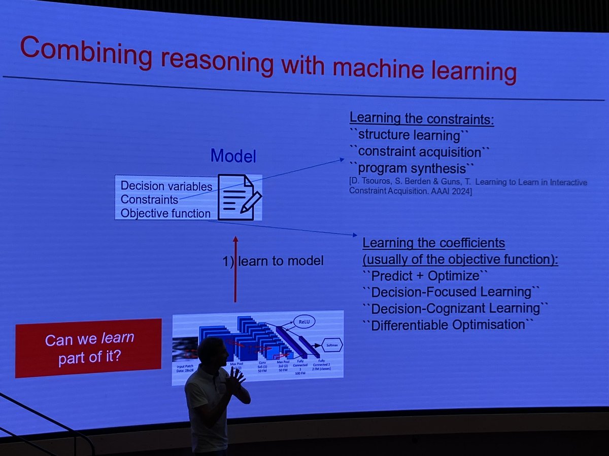 In today’s keynote at #cpaior2024, <a href="/TiasGuns/">Tias Guns</a> talks about decision-focused learning &amp; makes a distinction between the role of machine learning as identifying patterns (system 1) vs. planning &amp; search as reasoning (system 2); the latter being more closely aligned with optimization