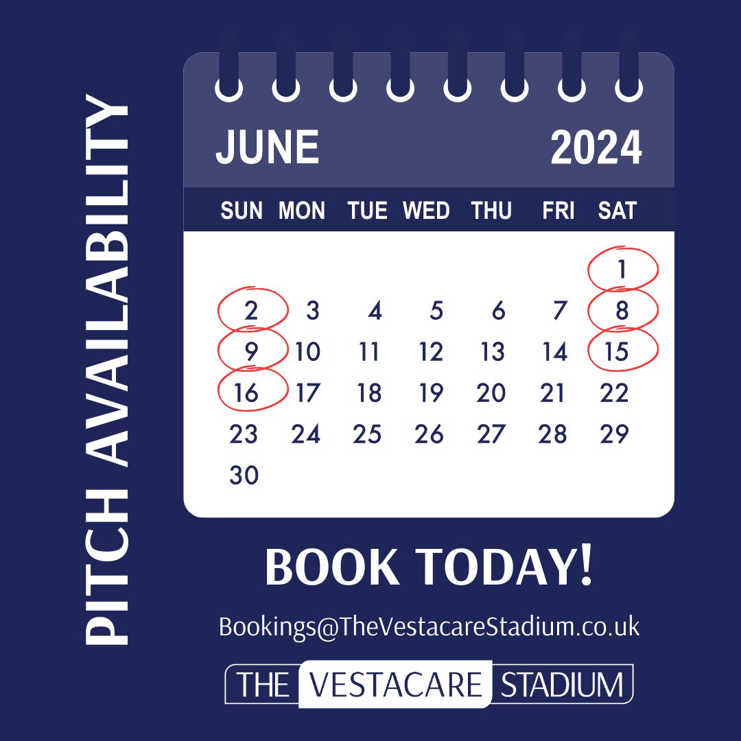 📣 Reminder: We still have availability this June at The Vestacare Stadium, including this weekend! To book now, simply email: Bookings@TheVestacareStadium.co.uk Don't miss out on this opportunity!