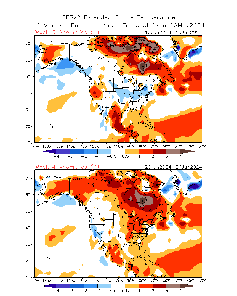 bam_weather's tweet photo. The pattern the next two weeks leans cooler overall, but we're seeing multiple signals to indicate that changes late June with a potential heat wave for the #CornBelt. 

Both the EPS and CFS Weekly data now hinting at the potential. We could also see a shift in the precipitation pattern as this arrives. 

Get our FREE analysis and potential Yield implications on our latest episode of #WeatherYield. 

Click here: https://t.co/bJotQRzP0X

#AGwx #OATT #Plant24 #Summer #HeatWave