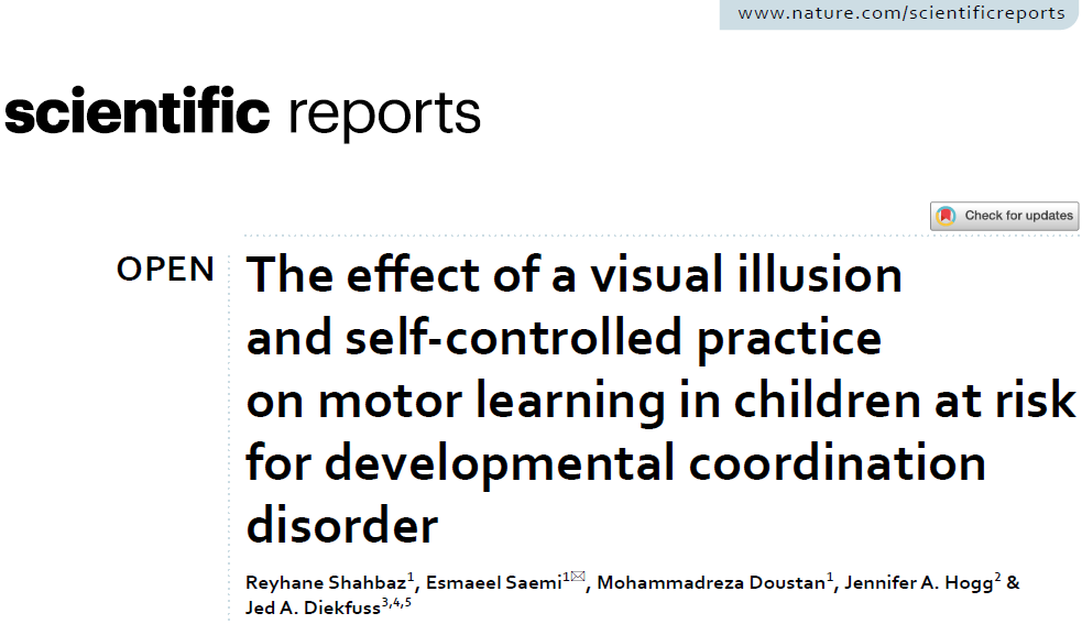 Jed_Diekfuss's tweet image. Excited to share our new publication with @EsmaeelSae54773 and @jhogg12 demonstrating the additive potential for #visualillusions and #selfcontrolled practice to facilitate the retention of motor skills in children. #OPTIMALTheory 🧠

nature.com/articles/s4159…