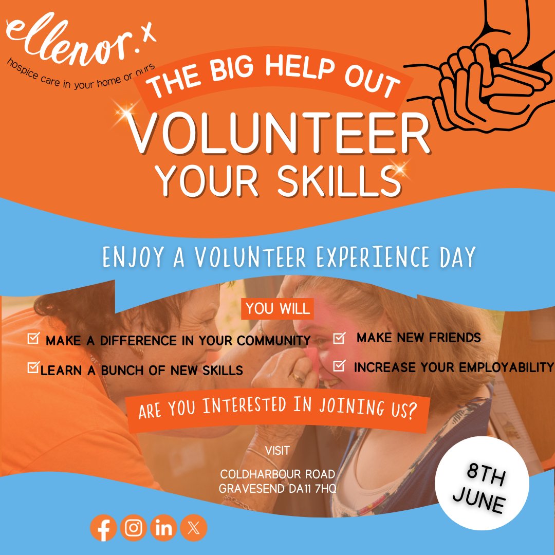 THE BIG HELP OUT- Enjoy a volunteer experience day!

Make a difference in your community. Make some friends and learn some new skills!

#volunteers #volunteerjobs #volunteeringmatters #volunteerspotlight  #ellenor #carer #hospicecare #hospice #volunteer