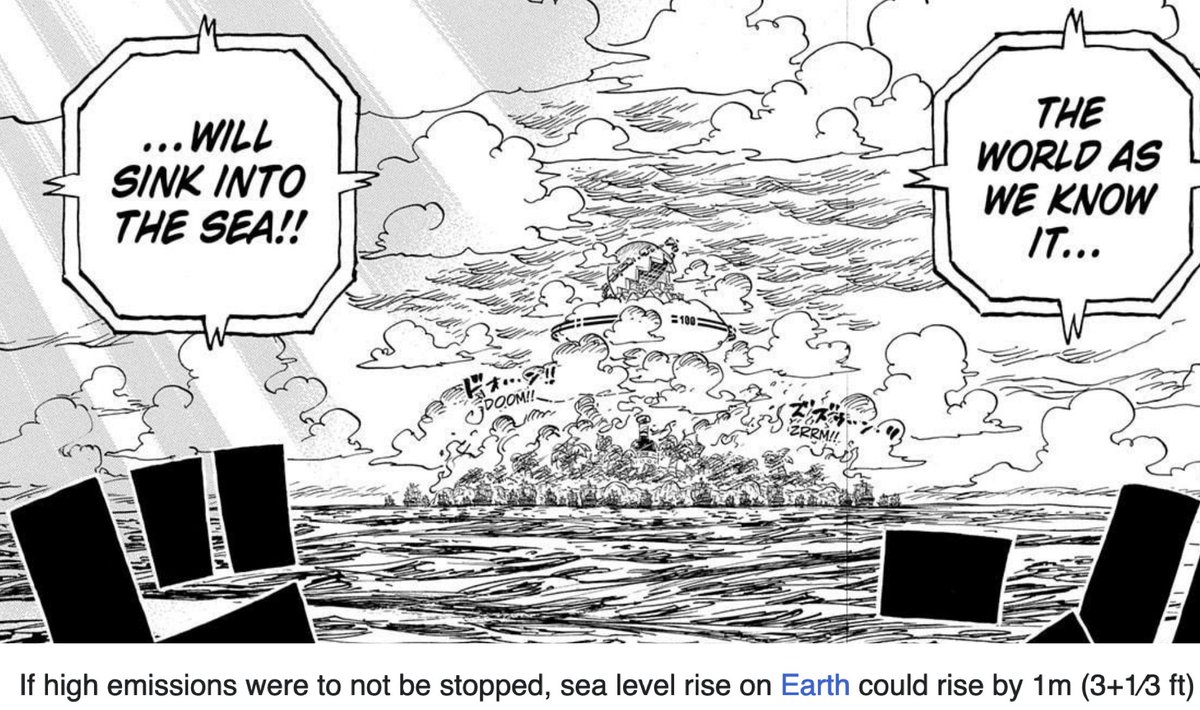 There's also a point to be made about Oda reminding us right now of the rise of sea levels caused at the hands of humans. It is something that we can help deminish and mend the effects of, but for that to happen it's important for education on the topic to be more widespread
