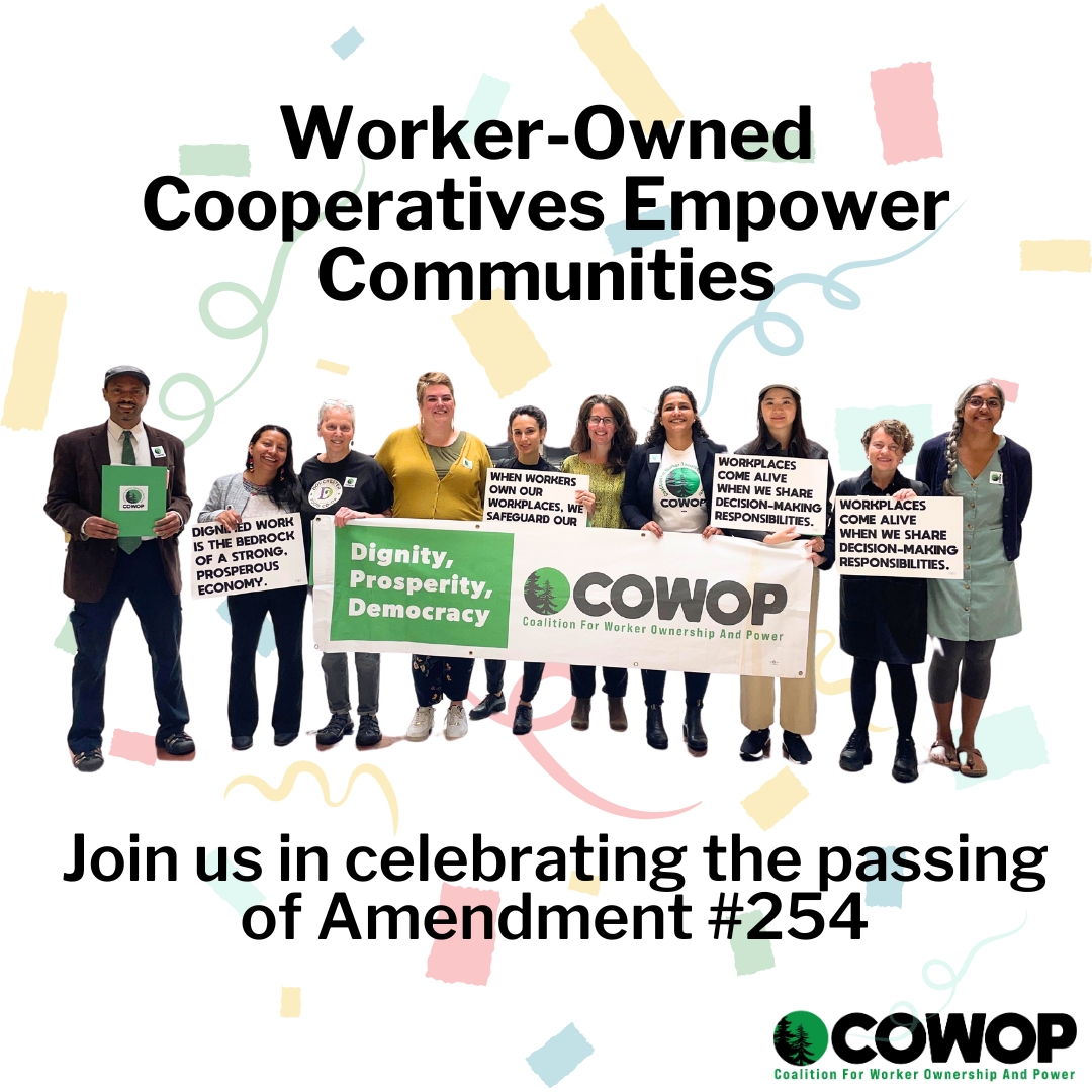 📢 Thanks, MA residents, for helping create & sustain more worker-owned, #cooperative businesses! We're celebrating the unanimous passage of Amendment 254 in the MA senate budget, filed by @JulianCyr, to fund the MA Center for Employee Ownership (MassCEO). 

#CooperativeMA