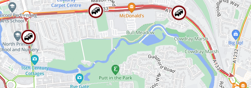 Colchester - Cowdray Avenue (A133) slow moving traffic Eastbound between Westway (A134) and Ipswich Road (A1232)