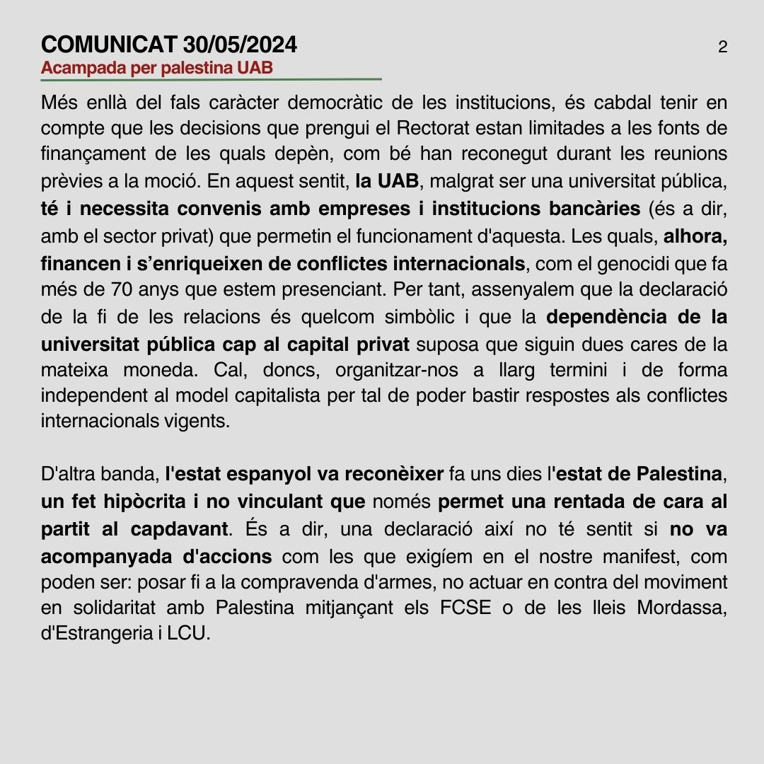 acampadaUAB's tweet photo. 📣Comunicat de l'Acampada per Palestina a la UAB en relació amb l'aprovació de la moció del claustre i del reconeixement de l'estat Palestí per part del govern.

⛺️S'ha elaborat a partir del debat que ha sorgit a l'assemblea d'aquests dos últims dies.

🇵🇸✊Seguirem lluitant! https://t.co/YqwEJ1wbp5