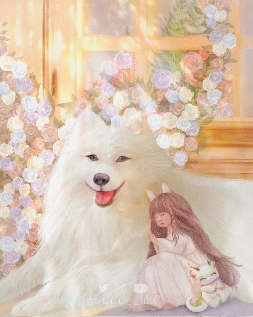 That little friend💟 (10 hours) at first it was supposed to be just a dog and a little girl, but suddenly that cute little friend pops up in my mind and that's how I got that little friend🌿