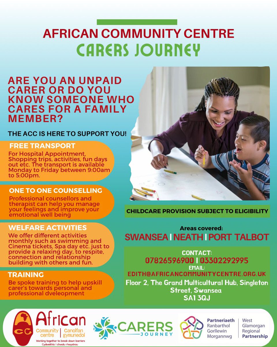 *Info*

Are you an Unpaid Carer or Do you know someone who cares for a family member?

The African Community Centre is providing support to unpaid carers or Young carers from the Black Asian and Minority Ethnic in Swansea and Neath Port Talbot.

@ACCWales