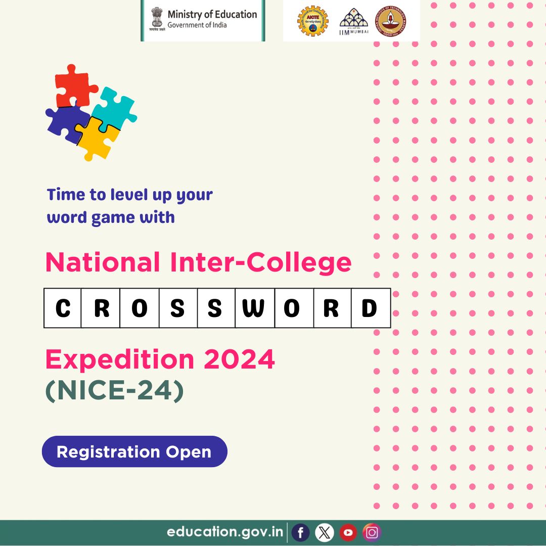 Calling all crossword fans! The 3rd National Inter-College Crossword Expedition (NICE) is back. Ready to test your skills? @AICTE_INDIA, @IIMMumbai, @iitmadras, and Extra-C are teaming up to bring you an epic crossword challenge from June to September 2024. Registration are