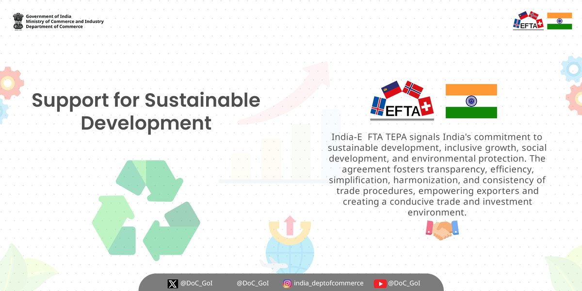 Uncover how India-EFTA TEPA supports sustainable development, inclusive growth, and environmental protection while promoting efficient trade procedures and empowering exporters. #EFTA #DoC_GoI @IndiainSwiss @IndEmbFinEst @IndiainNorway