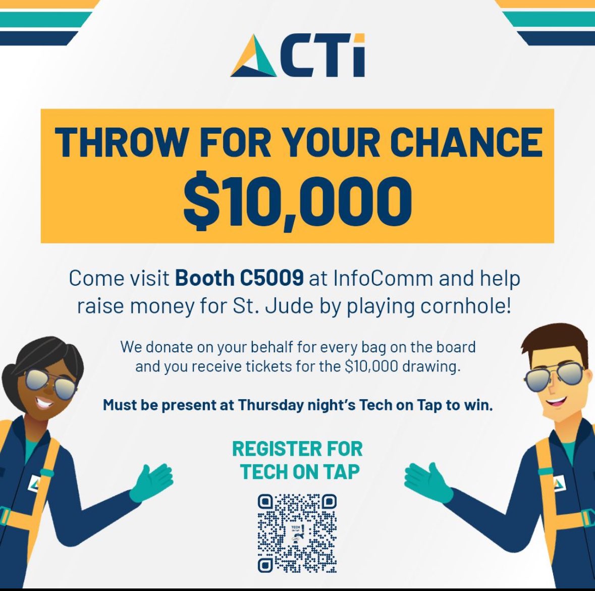 Coming to #infocomm24 be sure to register and attend the @CTIAV Tech On Tap events for a chance to throw for $10,000 and to support @StJude 

cti.com/ic24-tech-on-t…