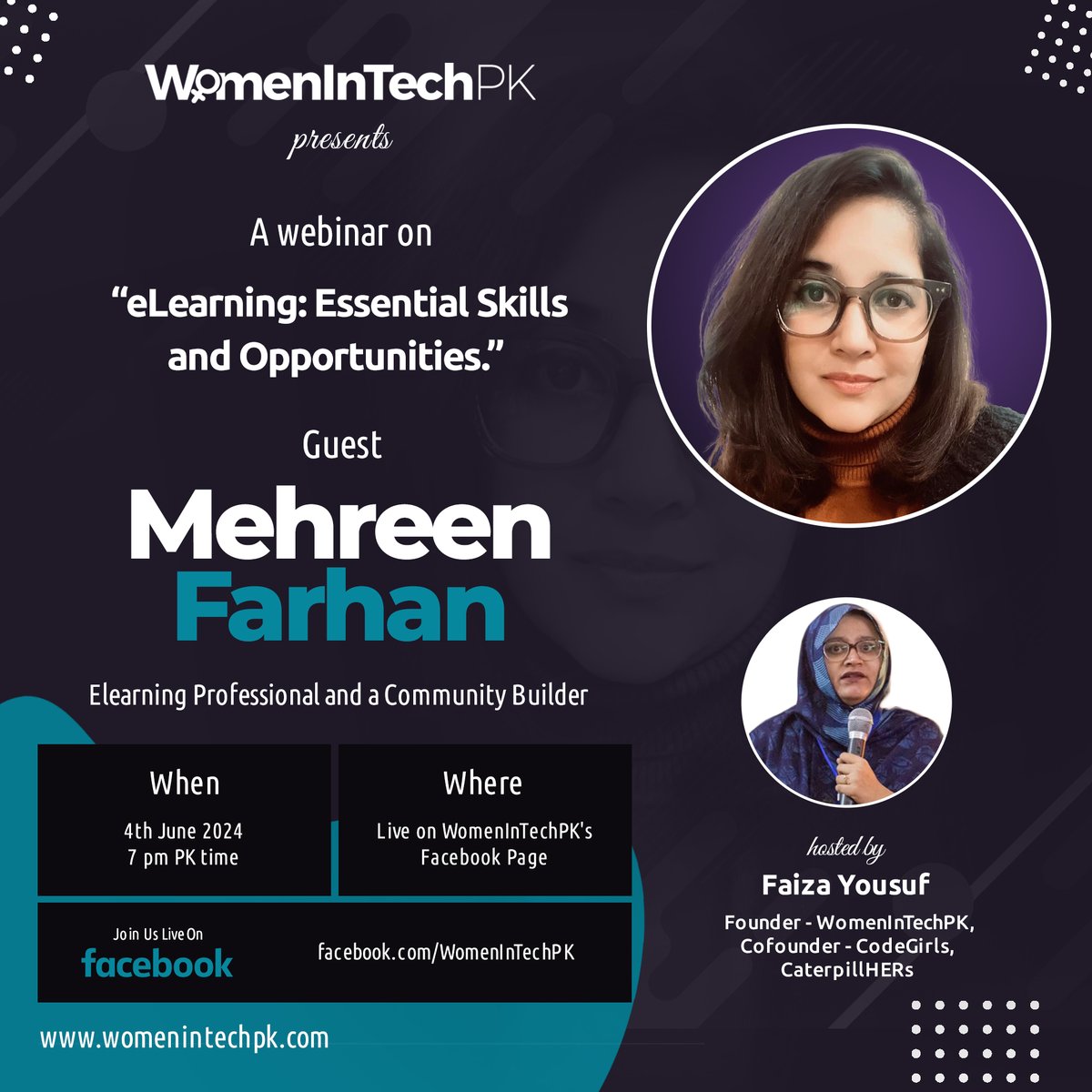 Curious to know about eLearning as a career path? 

Join us on June 4th at 7 pm PK time for a webinar on "eLearning: Essential Skills and Opportunities" hosted by <a href="/FaizaYousuf/">Faiza Yousuf</a>, Founder of #WomenInTechPK, featuring Mehreen Farhan, Elearning Professional and a Community Builder.