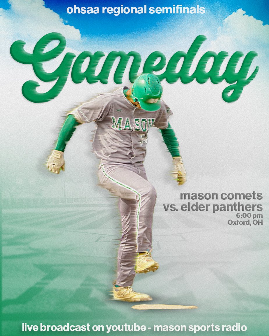🚨GAMEDAY🚨
🏆| OHSAA Regional Seminfinal
⚾️| <a href="/MasonHSBaseball/">Mason Comets Baseball</a> vs. Elder
📍| Hayden Park (Oxford, OH)
⏰| 6:00 PM
📺| m.youtube.com/user/wearembc
🎙️| <a href="/adam_little11/">Adam Little</a> and <a href="/little_andrew_3/">Andrew Little</a> 

<a href="/gmcsports/">GMC Sports</a> <a href="/MasonHSComets/">MasonComets</a>