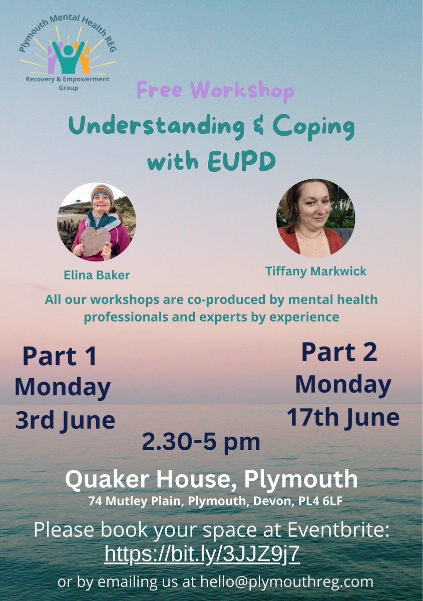 Plymouth REG have a few free tickets left for their EUPD workshops.

It's for anyone with experiences that may be labelled as Emotionally Unstable Personality Disorder, their friends or carers, mental health workers, or anyone who would like to know more.

eventbrite.co.uk/e/understandin…