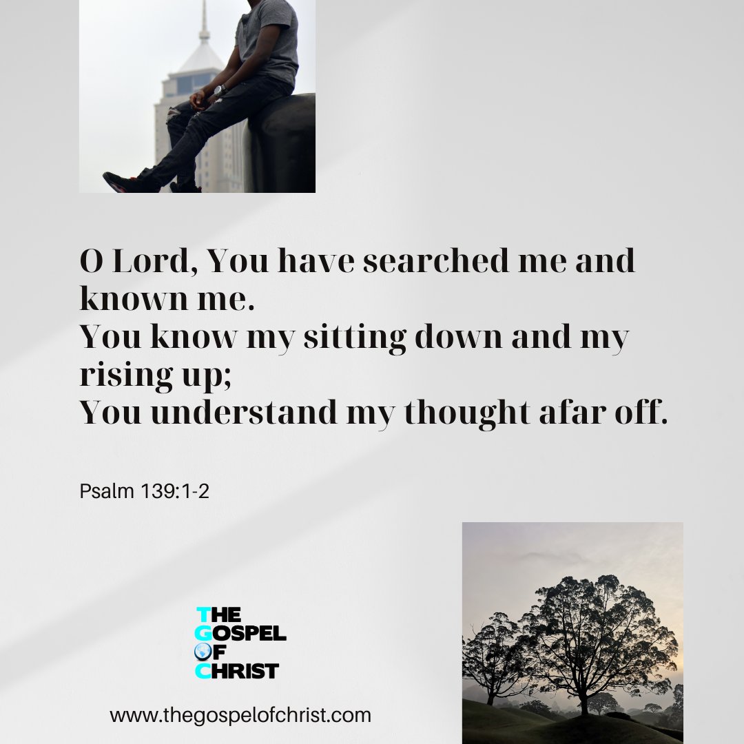 O Lord, You have searched me and known me.
You know my sitting down and my rising up;
You understand my thought afar off.

Psalm 139:1-2
 #psalm #sittingdown #risingup #DailyBibleVerse #TGOC #TheGospelOfChrist #Bible