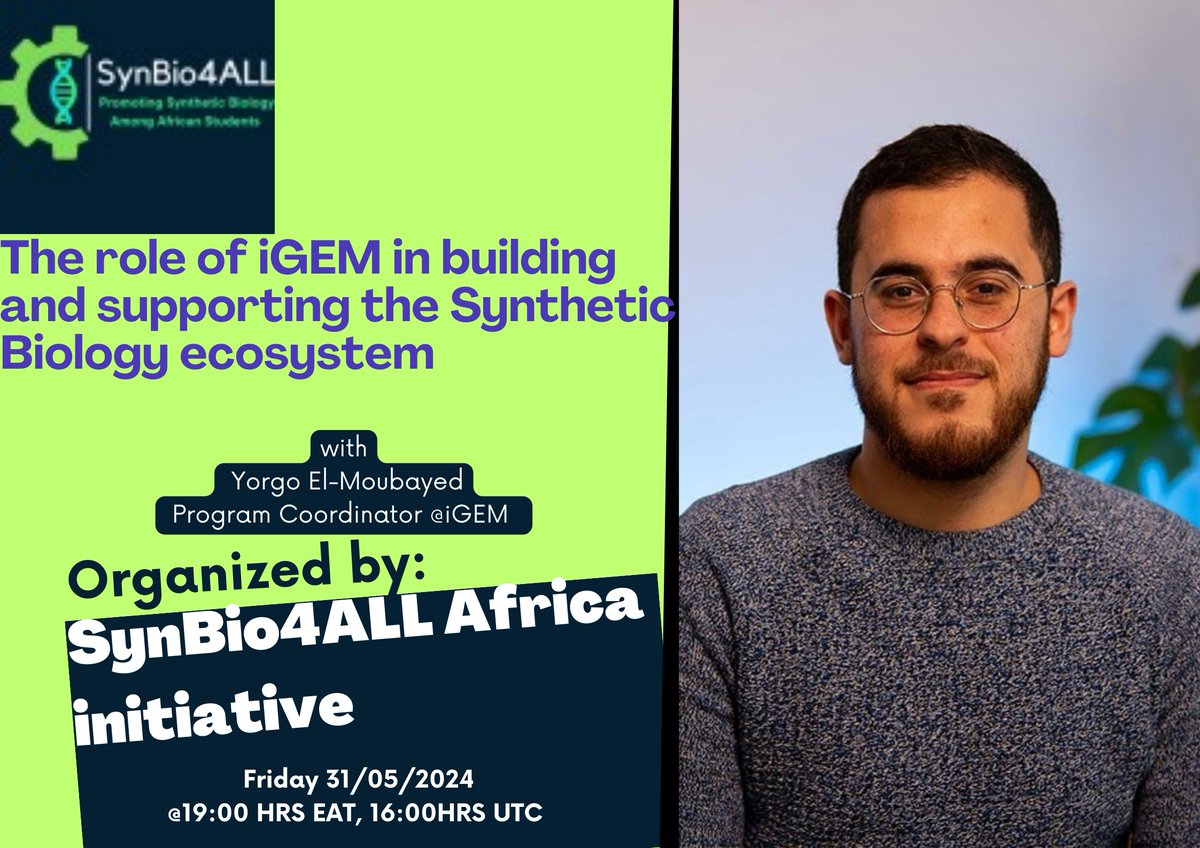 Final Call! 📢   Join us tomorrow 31/05/24 at 19:00 hrs EAT/ 16:00 hrs UTC for an exclusive SynBio4ALL event with
@yorgomoubayed
from iGEM. Learn how iGEM shapes the global synthetic biology ecosystem. Don’t miss this unique opportunity! Register now:   lu.ma/2b1sl8i7