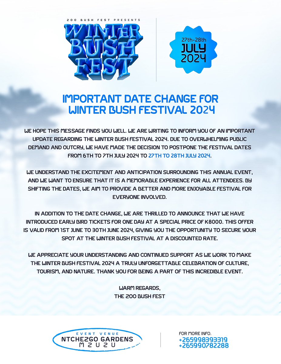 refilwepoetry93's tweet photo. ATTENTION⚠️⚠️⚠️ CHECK OUT NEW DATES FOR WINTER BUSH FESTIVAL.❄

#27th-28thJuly
#2024Edition 
#WinterBushFest
@ZooBushFest2024 https://t.co/xgTjyk5NCE