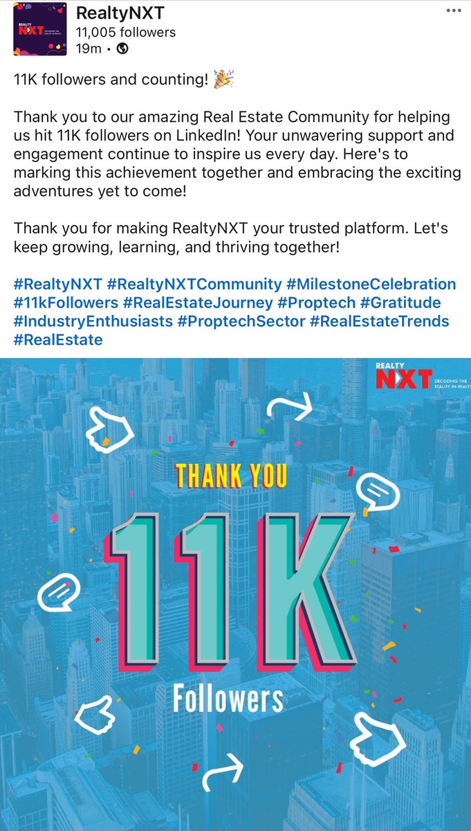kritikasrawat25's tweet image. We’ve reached 11k followers on LinkedIn! Stay connected with @RealtyNXT for the latest news, in-depth articles, interviews, and much more on real estate. Keep following us for continuous updates!

#grateful #realtynxt #realestatelife #realestate