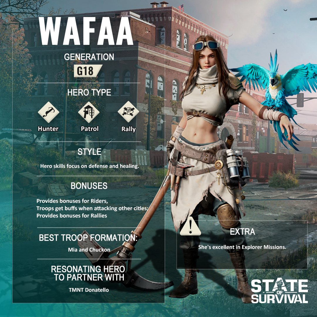 🦜 Scout ahead with Wafaa and her keen-eyed parrot! Equipped with her sharp pick and an eye for strategy, she's a hunter who's always one step ahead. 🌟

🗺️ Navigate to new triumphs and team up with Wafaa in State of Survival: statesofsurvival.onelink.me/AcDU/d2j936lq