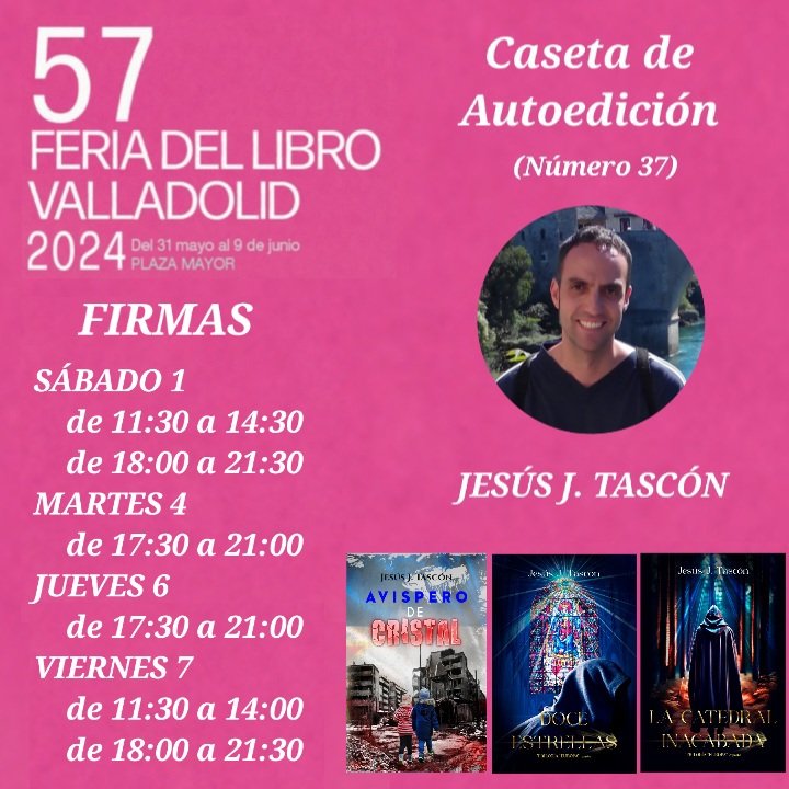 Mañana empieza una nueva edición de la @FerialibroVLL 
Estaré en la caseta de Autoedición en esos horarios firmando ejemplares de mis obras y charlando con los lectores.
Oa espero.