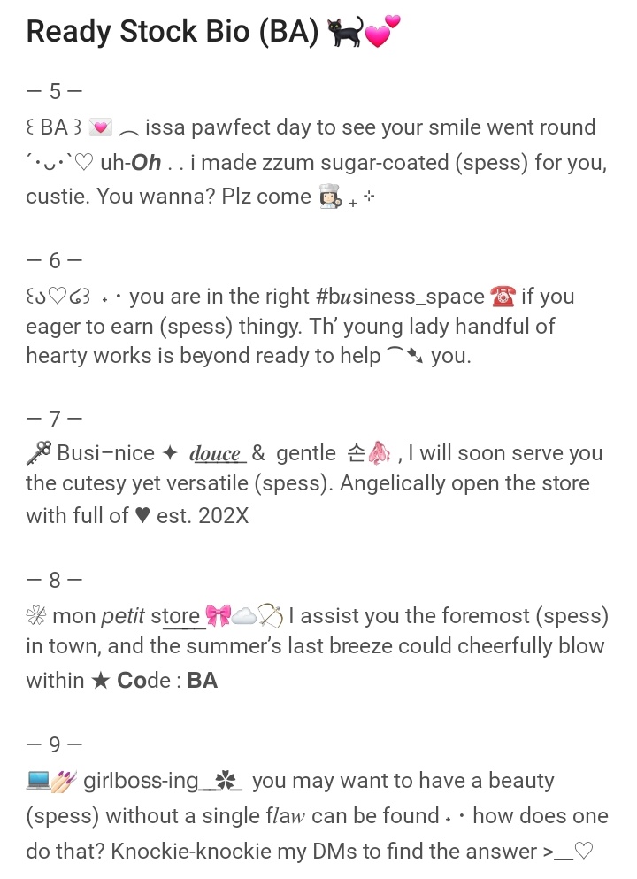 kayliesite's tweet image. 💐☎️ Ready Stock Bio!
Help RT/repost, pls? Thanks ♡

HenlOo . . Aku kembali membawa wording bio rs (long ver.) for BA girlies (ゝ。∂)ﾉ🎀⭐️ if you're interested in keeping one or two save for yourself, kindly DM me :&amp;gt;

Only for 3,5k/each + free re-text 🍮!!
#zonauang