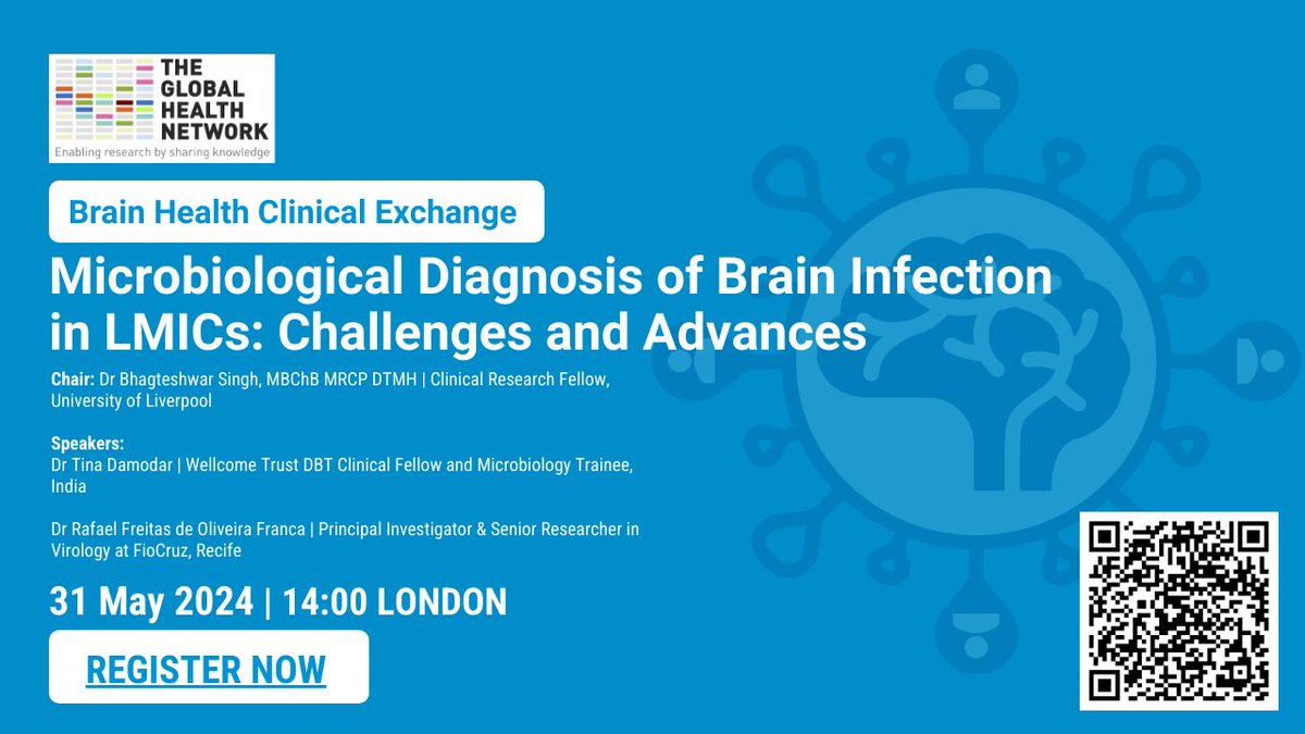 GlobalBrainHealth (@globalbrainhea1) on Twitter photo Join us this Friday at 2pm (UK time) to listen to <a href="/b5ingh/">Bhagteshwar Singh</a>, Dr Tina Damodar, and Dr Rafael Freitas de Oliveira Franca discuss new strategies and technologies for improving microbial diagnosis of acute brain infections in LMICs.
Book today 👇
braininfectionsglobal.tghn.org/clinical-excha… Join us this Friday at 2pm (UK time) to listen to <a href="/b5ingh/">Bhagteshwar Singh</a>, Dr Tina Damodar, and Dr Rafael Freitas de Oliveira Franca discuss new strategies and technologies for improving microbial diagnosis of acute brain infections in LMICs.
Book today 👇
braininfectionsglobal.tghn.org/clinical-excha…