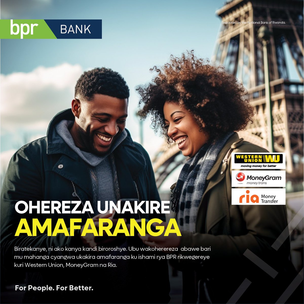 Ubutumwa bwawe buragera ku bawe uko ubyifuza! Oherereza cyangwa wakire amafarangamu mahanga bikoroheye ukoreshejeWestern Union, MoneyGram na Ria ku ishami ryacu hafi yawe. #MoneyTransfer #ForPeopleForBetter #BPRniIyawe