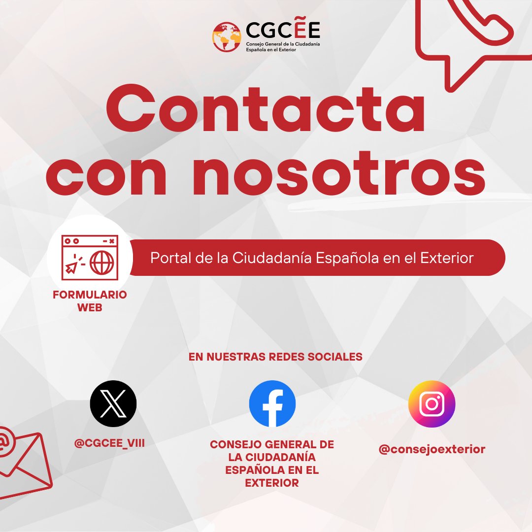 📢Ahora puedes contactar con el CGCEE y sus miembros a través del #formulario disponible en nuestra página web

➡️Dudas sobre nuestra propuestas y acuerdos, sugerencias de mejora para la ciudadanía española en el exterior y retornados...

Contacta aquí⬇️
ciudadaniaexterior.inclusion.gob.es/consejo-genera…