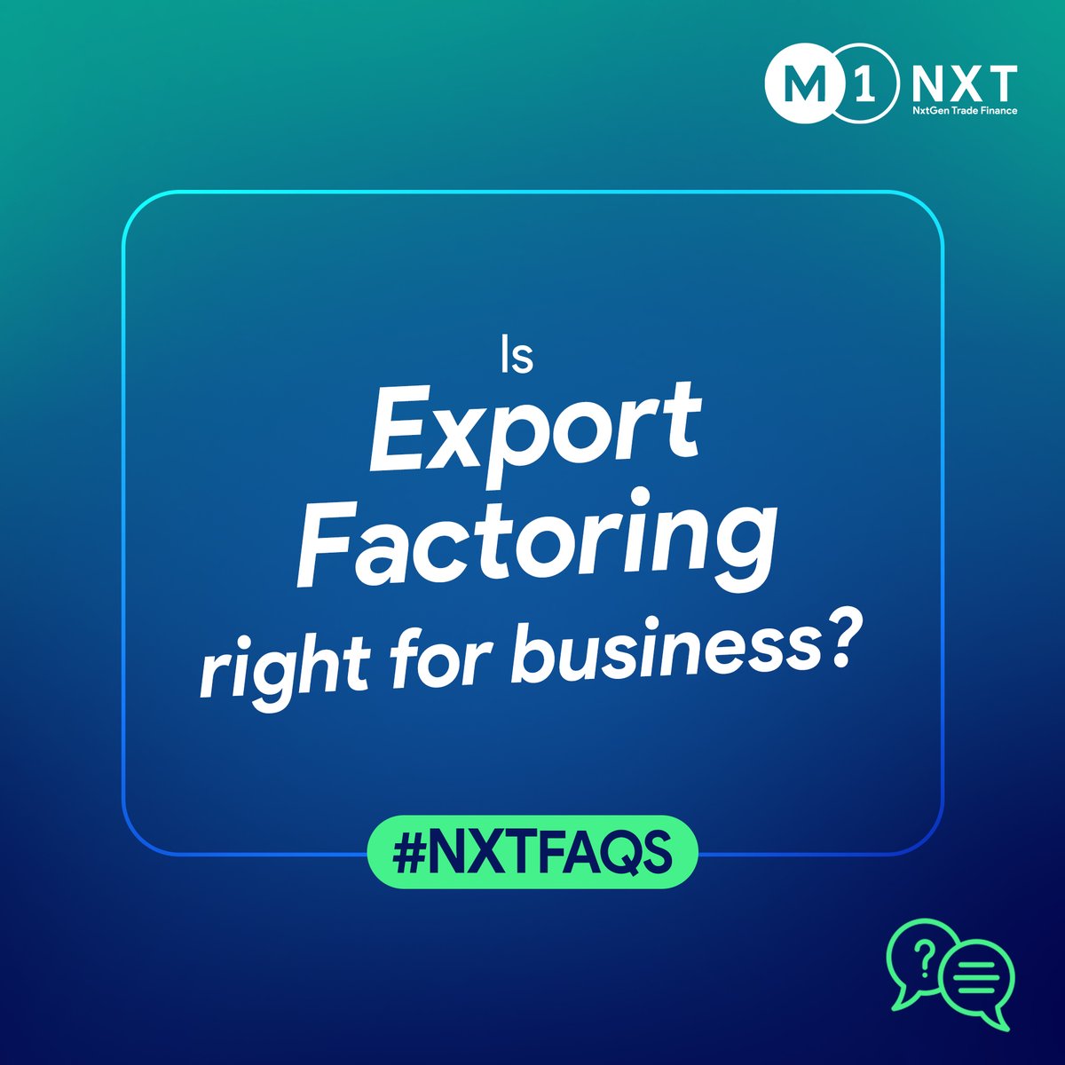 M1Nxt's tweet image. Ever wondered if export factoring is the right choice for your business? Don’t worry we have got you covered. In this edition of the #NXTFAQs, we answer this burning question and tell you how useful export factoring can be for you.

#ExportFactoring #WorkingCapitalSolutions #FAQs