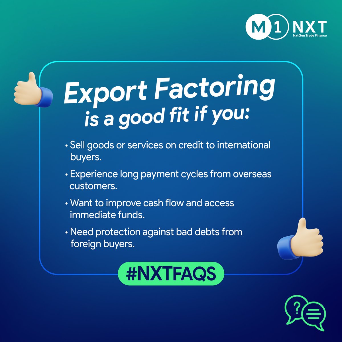 M1Nxt's tweet image. Ever wondered if export factoring is the right choice for your business? Don’t worry we have got you covered. In this edition of the #NXTFAQs, we answer this burning question and tell you how useful export factoring can be for you.

#ExportFactoring #WorkingCapitalSolutions #FAQs