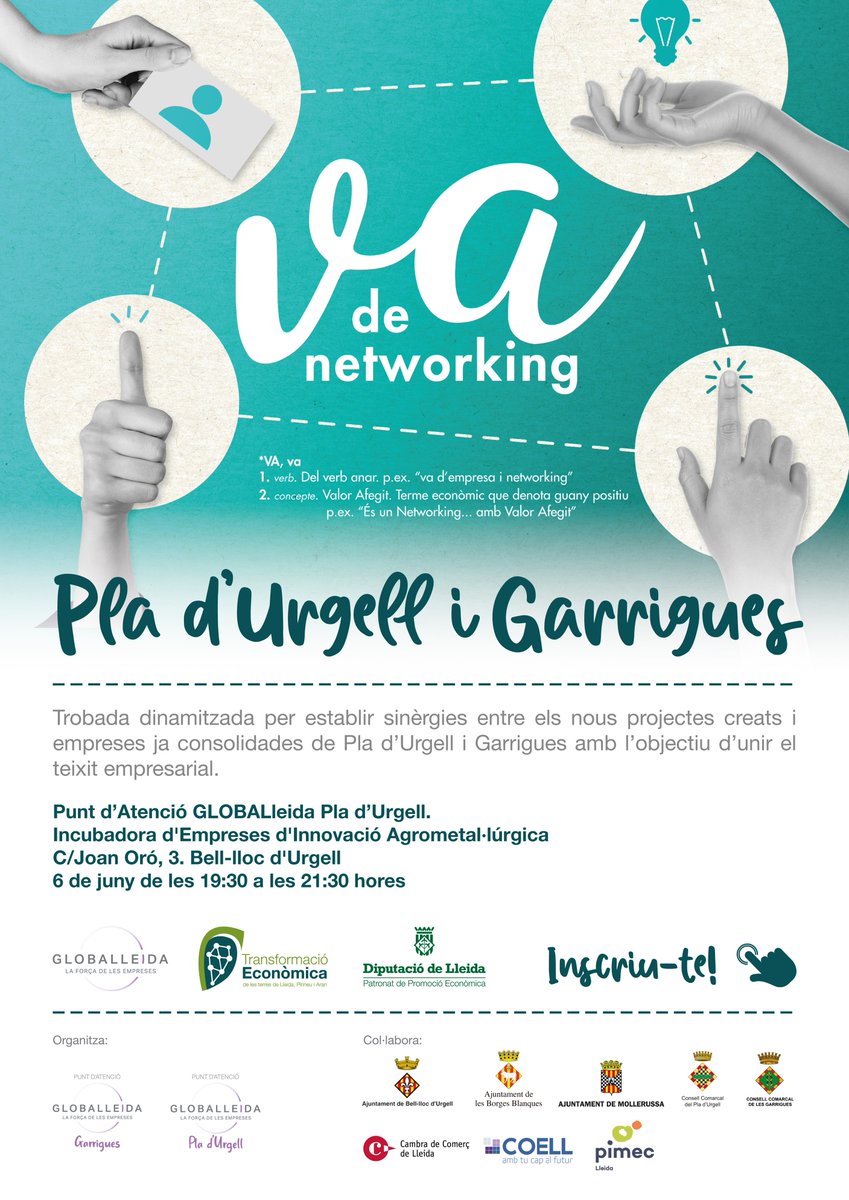 Jornada "Va de networking" Pla d'Urgell i Garrigues
🗒️Trobada per establir sinèrgies entre projectes, empreses,... amb ponència sobre la IA i empresa
🗓️6 de juny
⏰19'30 a 21'30
🏠Incubadora-PAG Pla d'Urgell
<a href="/GLOBALLEIDA/">GLOBALLEIDA</a>  <a href="/ccplaurgell/">Consell Comarcal del Pla d'Urgell</a> <a href="/AgrupemPla/">Agrupació Empresarial del Pla d'Urgell</a>  <a href="/Promo_Economica/">Patronat de Promoció Econòmica Diputació de Lleida</a> <a href="/ceeilleida/">CEEILleida</a>