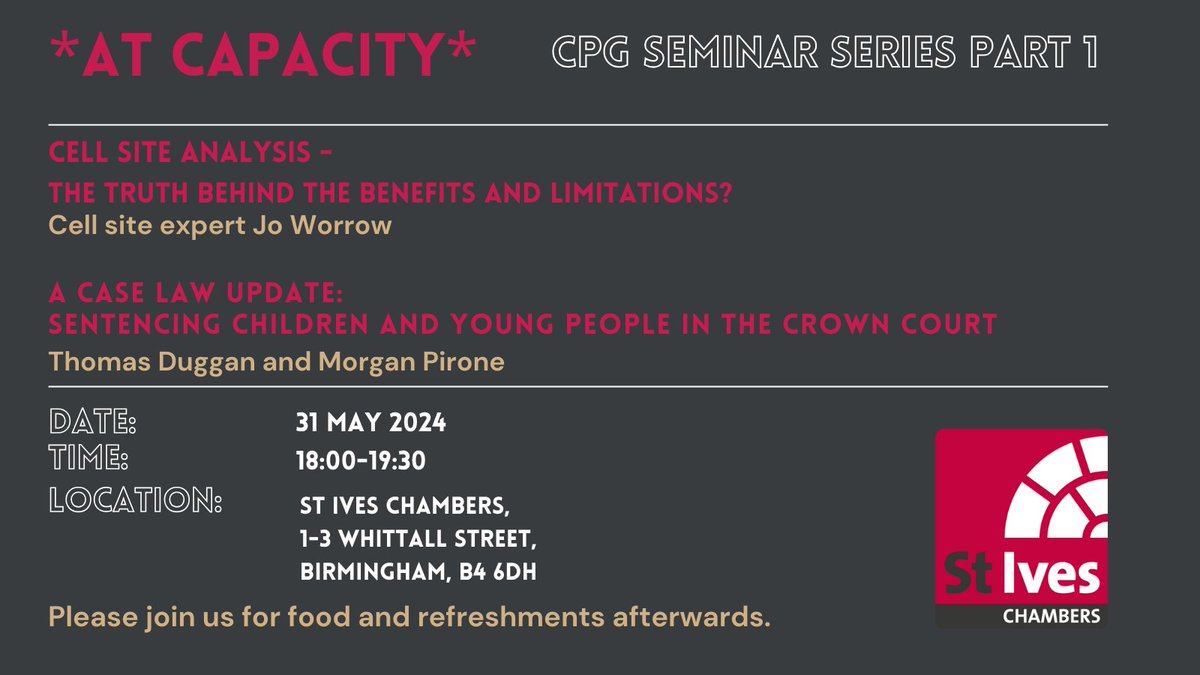 We are looking forward to hosting the first in our CPG Seminar Series on Friday!
For further information on future seminars in this series, please contact crimeclerks@stiveschambers.co.uk