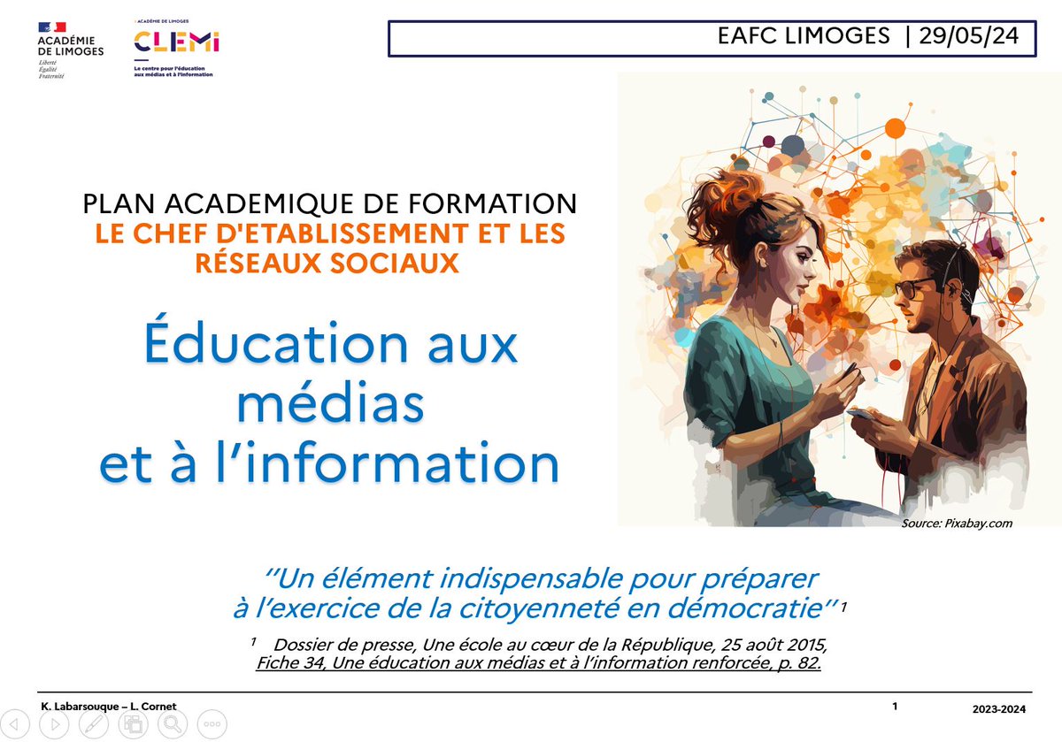 ⏮️Formation pour les #PERDIR @aclimoges [#EAFC]
🗣️Réflexions et échanges autour des enjeux des #reseauxsociaux à l'échelle de l'EPLE et sa communauté éducative. 
Animation: @EMI_AcLimoges et @LaurentCornet2 🙏
#EducMédiasInfo @LeCLEMI