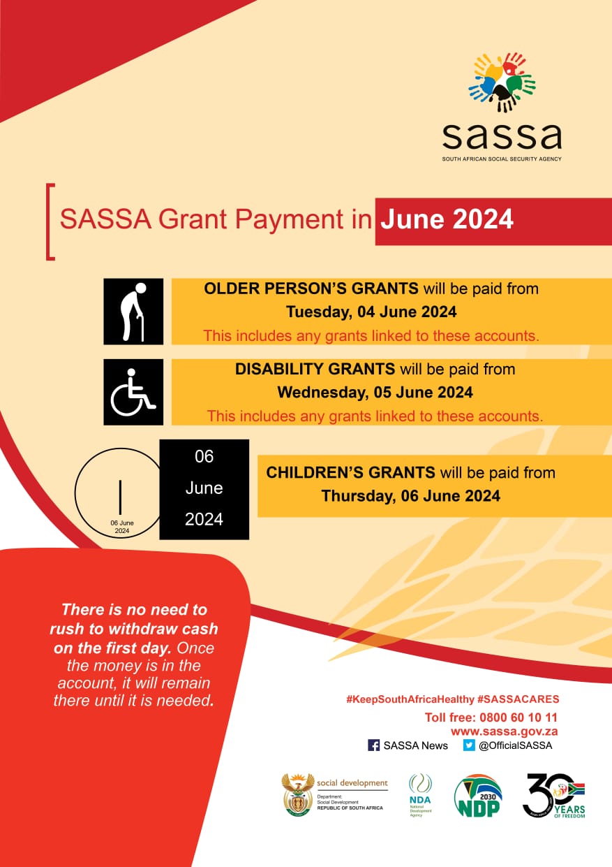 SASSA on X: &ldquo;Social grant payment dates for June 2024 @The_DSD 