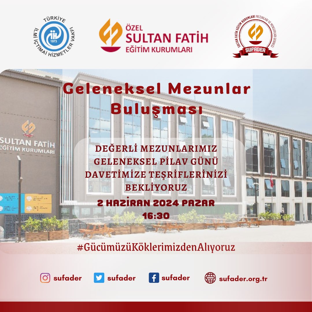 sufader's tweet photo. Her yıl geleneksel olarak düzenlediğimiz mezunlar buluşmamız 2 Haziran Pazar günü saat 16.30’da mehteran gösterisi eşliğinde gerçekleşecektir.
Siz tüm değerli mezunlarımızı ve hocalarımızı davet ediyoruz. 
#gücümüzüköklerimizdenalıyoruz https://t.co/FNMsGiKNdj