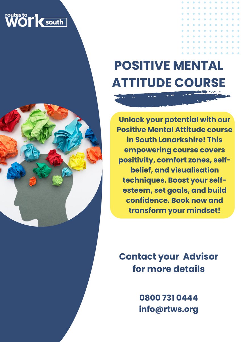 Unlock your potential with our Positive Mental Attitude course! 🌟
For more details and to register, contact your Employment Adviser today!
Not registered yet? Get in touch to see how we can support you.
#SelfBelief #GoalSetting #UnlockYourPotential #SouthLanarkshire