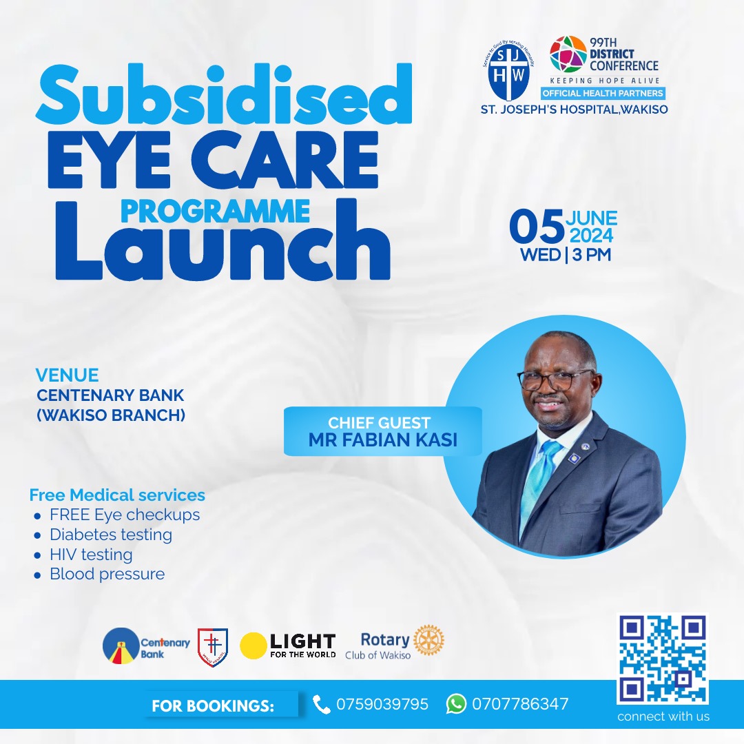 We are glad to be launching our Subsidised Eye Care Programme on 5th June, 2024 in partnership with @CentenaryBank and other partners. Chief Guest will be @CentenaryBank MD Mr Fabian Kasi its happening at Centenary bank wakiso branch.