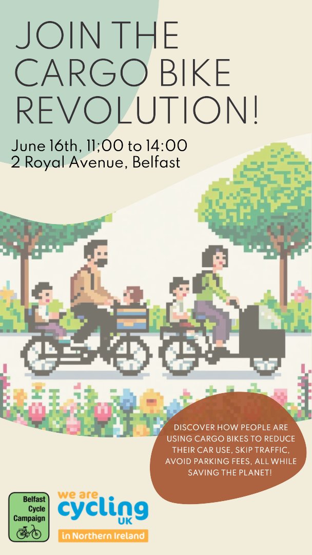 EVENT
Join us at Royal Avenue on Sunday 16th June for the last event of bike week

Cargo bikes of all shapes and sizes for carrying kids, shopping, tools, deliveries and much much more

A great chance to try out the different designs and wonder at the innovation