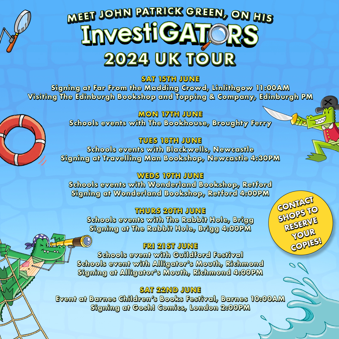 We're so excited to be welcoming @johngreenart author of the #InvestiGators series back to the UK next month! His trip is packed with school events, bookshop signings and visits plus an event at Barnes Children's Books Festival.