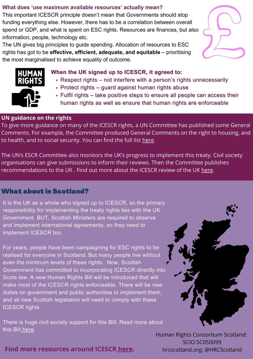 Our next infographic on the rights underpinning Scotland's new Human Rights Bill is all about ICESCR! Find out about the International Covenant on Economic, Social and Cultural Rights below: buff.ly/3K8N1bC @scotgov has committed to incorporate ICESCR into law!