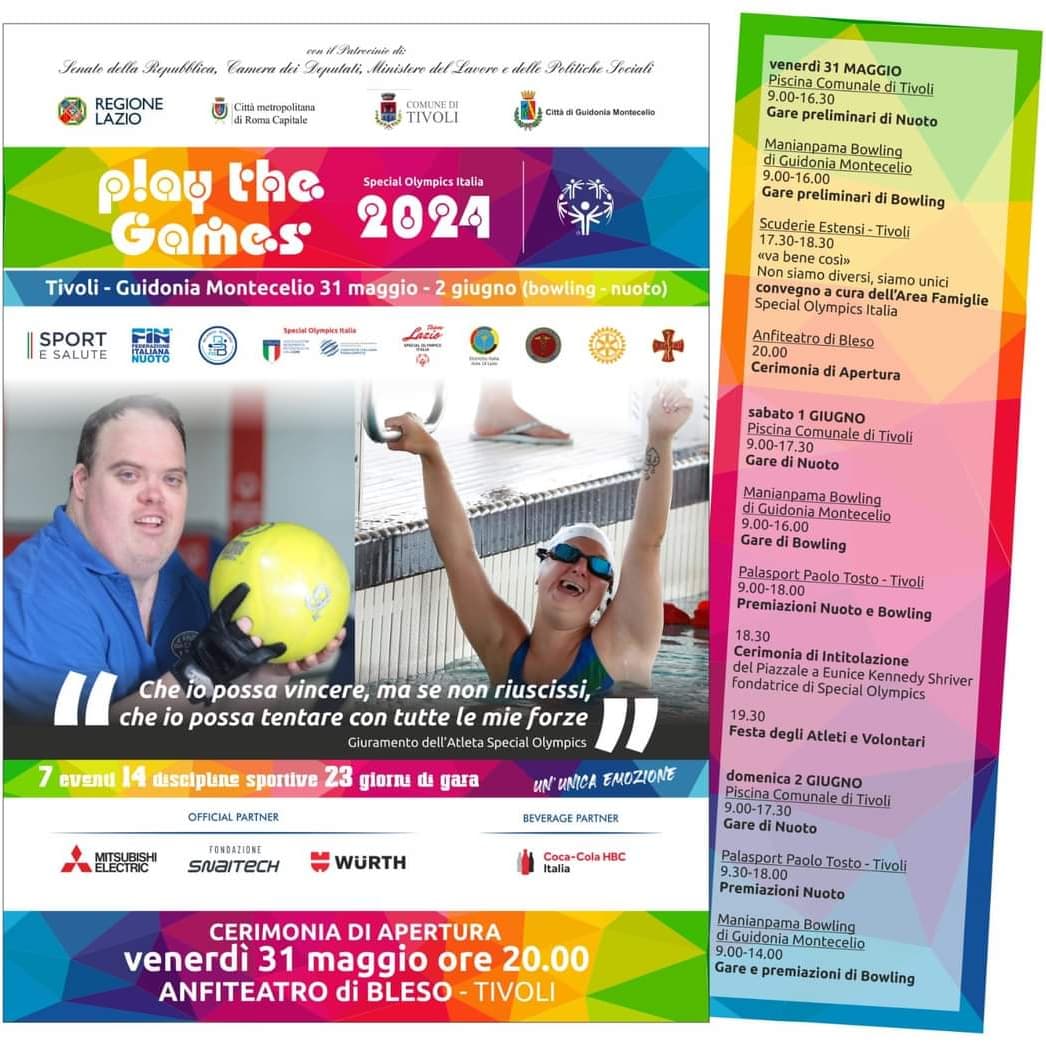 🔴🟠🟡🟢🔵 🏊🎳Altri #PlayTheGames in arrivo. Dal 31 maggio al 2 giugno saremo a #Tivoli - #Guidonia #Montecelio con #bowling e #nuoto.
🥳 Sei dei nostri?

--
 #PlaytheGames2024 | #PTG2024 #SportperTutti |  #SpecialOlympics | #EmozioneUnica | #SpecialOlympicsItalia