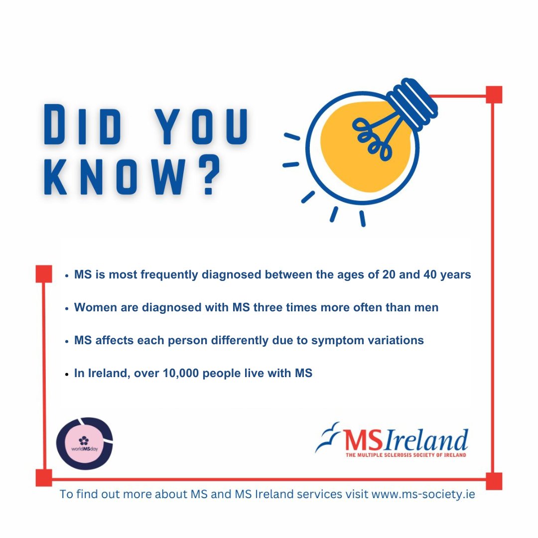 Today is #WorldMSDay. Multiple Sclerosis (MS) is a condition affecting the central nervous system, which consists of the brain and the spinal cord. In Ireland, over 10,000 people live with MS. To find out more about MS and @MSIRELAND services, visit: ms-society.ie