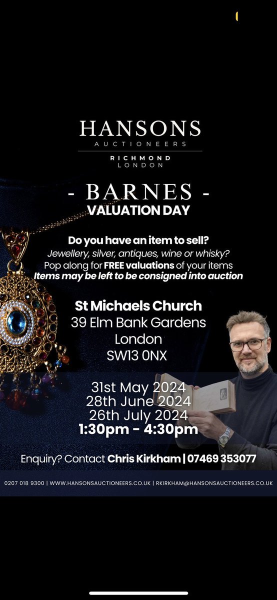 HansonsLondon's tweet photo. Event reminder ⬇️
FRIDAY 31 MAY 1.30pm - 3.30pm
@stmichaelbarnes St Michael’s Church , 39 Elm Bank Gardens , SW13 0NX
@barnes_common @BarnesDayOut @BarnesMums @SW14_SW13 #barnes #barneswi #auction #valuation #valuations https://t.co/IyWFr7fRUi