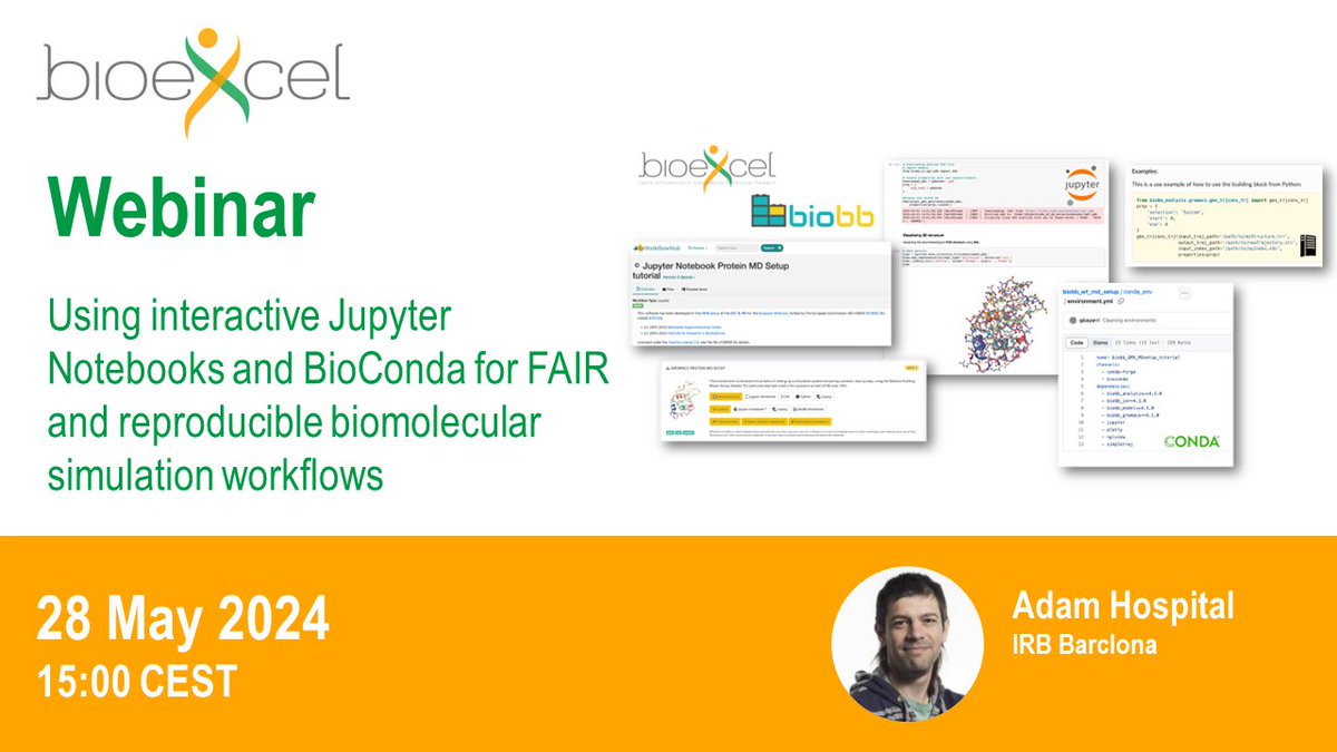 📽️Watch the recording from our last webinar: "Using interactive Jupyter Notebooks and BioConda for FAIR and reproducible biomolecular simulation workflows"

❓ Questions for Adam you can be posted on our forum until 04-06-2024: bit.ly/3wZkpyP

#webinar #workflows #fair