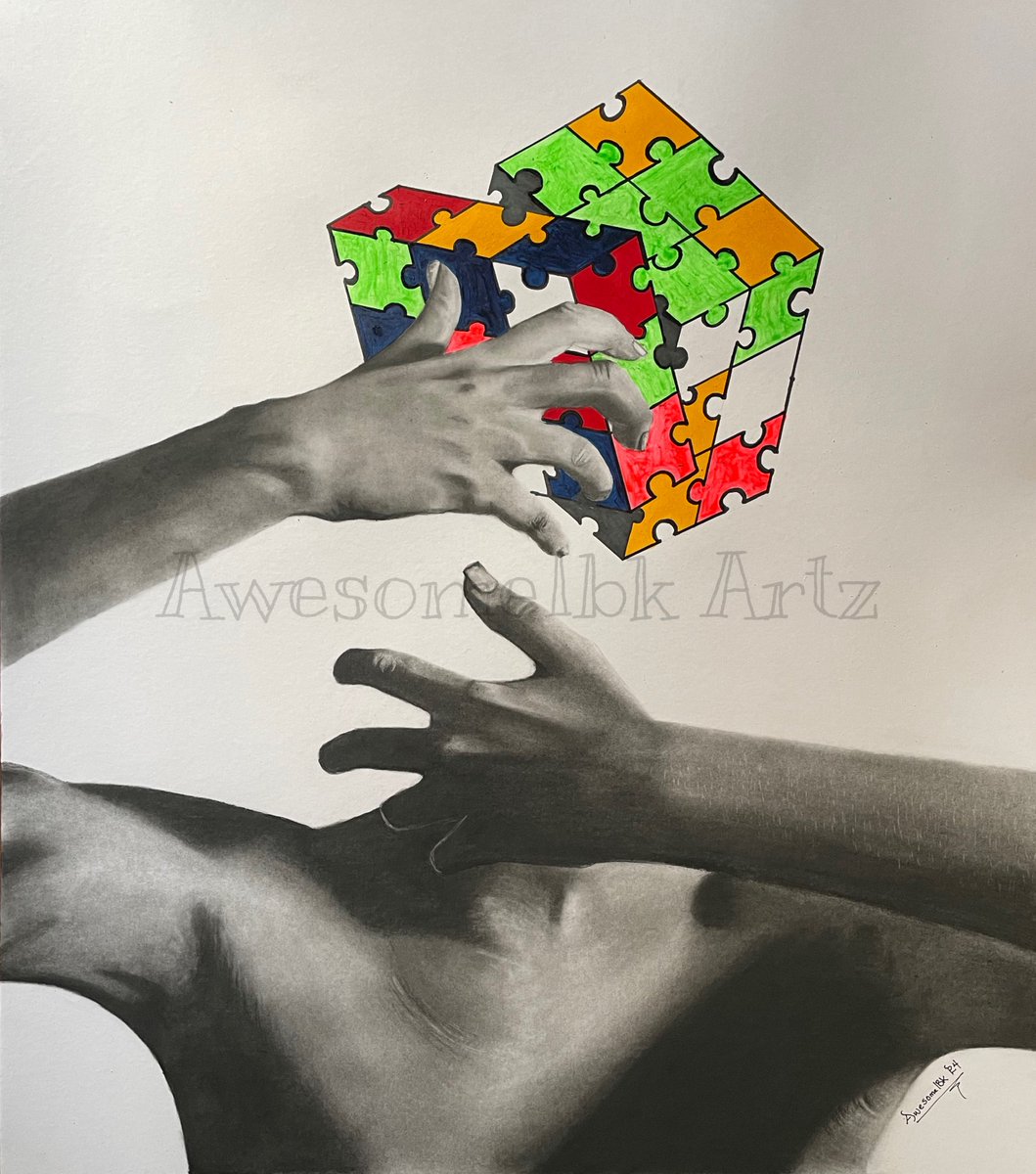 THE RUBIK’S CUBE How do you understand and react to given situations in a split second? How do you manage to remain calm when your head in a chaos?? How do you solve it all?? Mystery Charcoal and acrylic on paper #awesomeibk_artz