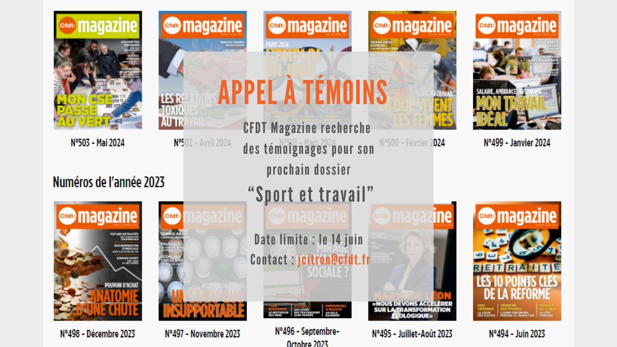 🗣️Appel à témoins ➡️ CFDT Magazine :  
🔸Votre #CSE incite à la pratique du #sport de manière originale, s’il a une vraie politique sportive 
🔸Votre entreprise/administration incite à pratiquer un sport pdt les heures de travail ou en dehors. 
Relais appréciés. Merci. #RH #santé