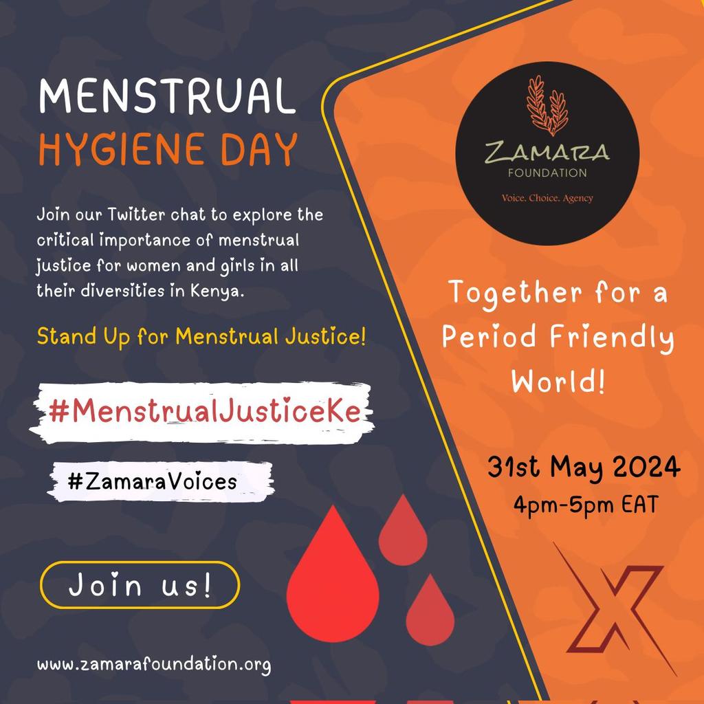 As we reflect on the #MenstrualHygieneDay we invite you to join this twitter chat as we advocate for #MenstrualJustice for women and girls in their diversities in Kenya. 
 #PeriodFriendlyWorld 
#MenstrualJusticeKe
#ZamaraVoices

📆 31st May 2024
⏰️ 4pm -5pm
🔍 @Zamara_fdn